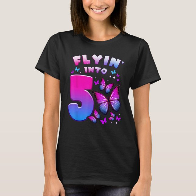 T-shirt Anniversaire Fille 5 ans, Papillon, Numéro 5 (Devant)