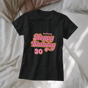 T-shirt Anniversaire nom âge rose blanc rétro 70's noir