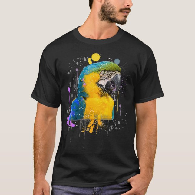 T-shirt Aquarelle amusante Oiseau de perroquet bleu et or  (Devant)