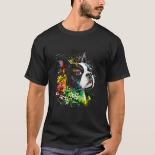 T-shirt Aquarelle Boston Terrier avec fleurs Bostie 14