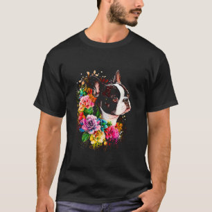 T-shirt Aquarelle Boston Terrier avec fleurs  Bostie  16