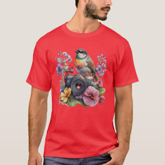 T-shirt Aquarelle Caméra florale avec ami d'oiseaux