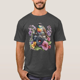 T-shirt Aquarelle Caméra Florale avec rétroviseur d'oiseau