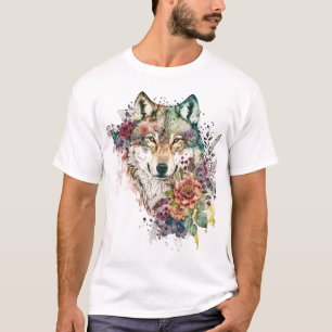T-shirt Aquarelle colorée Wolf et Florals dans la nature
