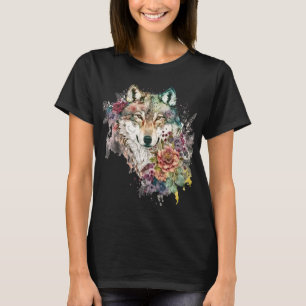 T-shirt Aquarelle colorée Wolf et Florals dans la nature