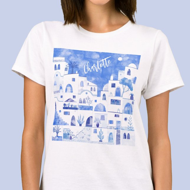T-shirt Aquarelle de Santorin personnalisée (Personalized name Santorini Oia Greek Island blue and white art t-shirt)