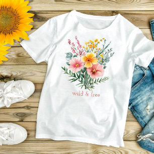 T-shirt Aquarelle Fleur sauvage rose jaune sauvage et libr