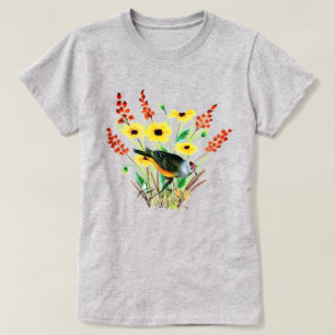 T-shirt Aquarelle Fleurs Jaunes avec Gris d'Oiseau