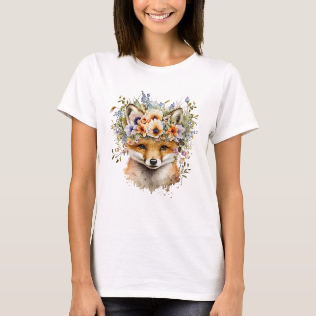 T-shirt Aquarelle Floral Fox Cute (Devant)