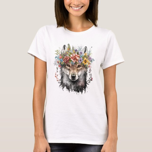 T-shirt Aquarelle Floral Wolf (Devant)