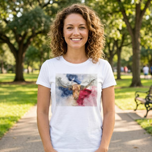 T-shirt Aquarelle Longhorn du Texas avec carte du drapeau 
