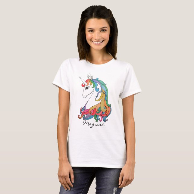 T-shirt Aquarelle mignonne unicorne arc-en-ciel (Devant entier)