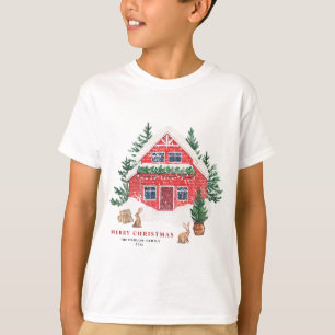 T-shirt Aquarelle neige Cottage rouge Bois Noël