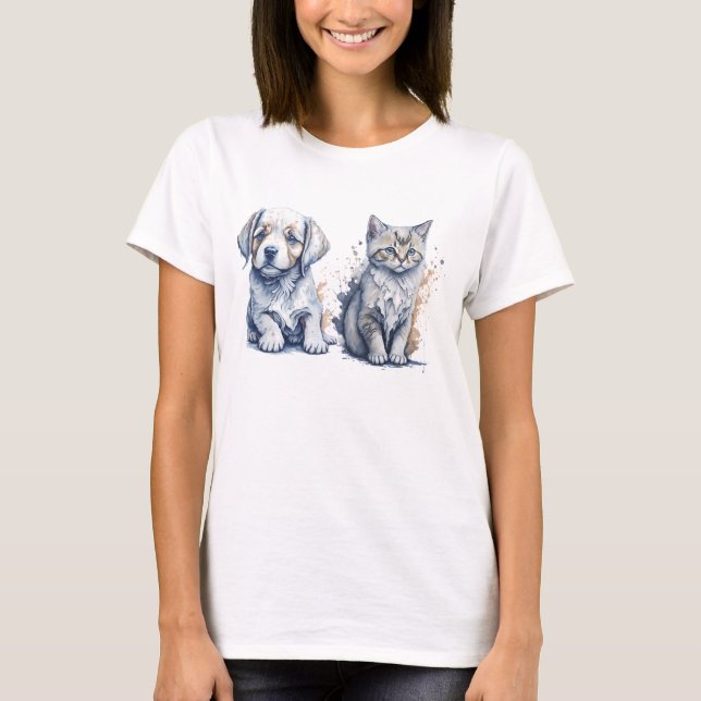 T-shirt Aquarelle Peinture d'un mignon chiot et chaton (Devant)
