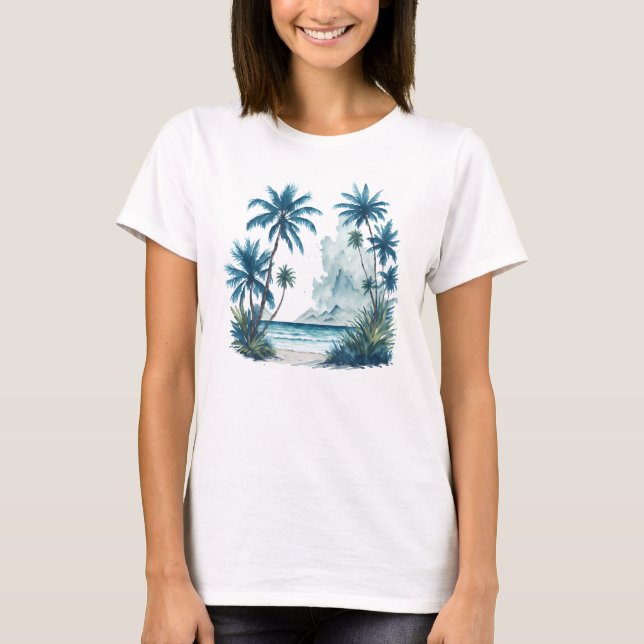 T-shirt Aquarelle Peinture d'une plage avec palmiers (Devant)