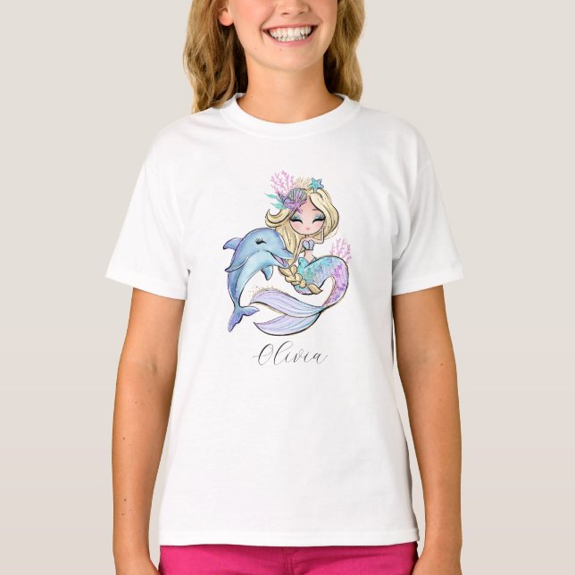T-shirt Aquarelle personnalisée Sirène personnalisée fille (Devant)