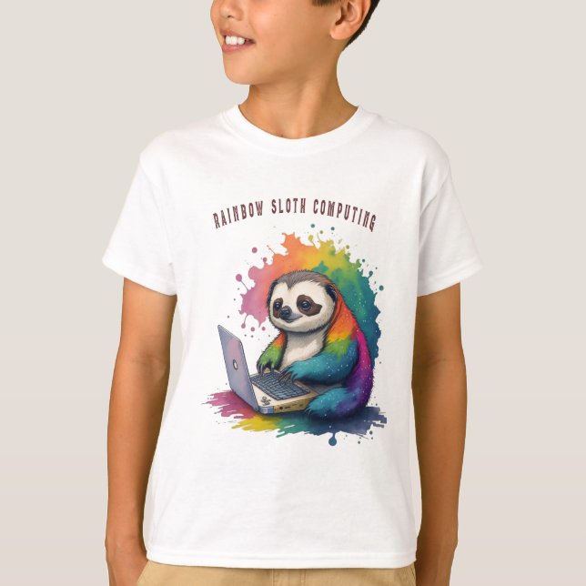 T-shirt Aquarelle Rainbow Cute Sloth Computing (Devant)