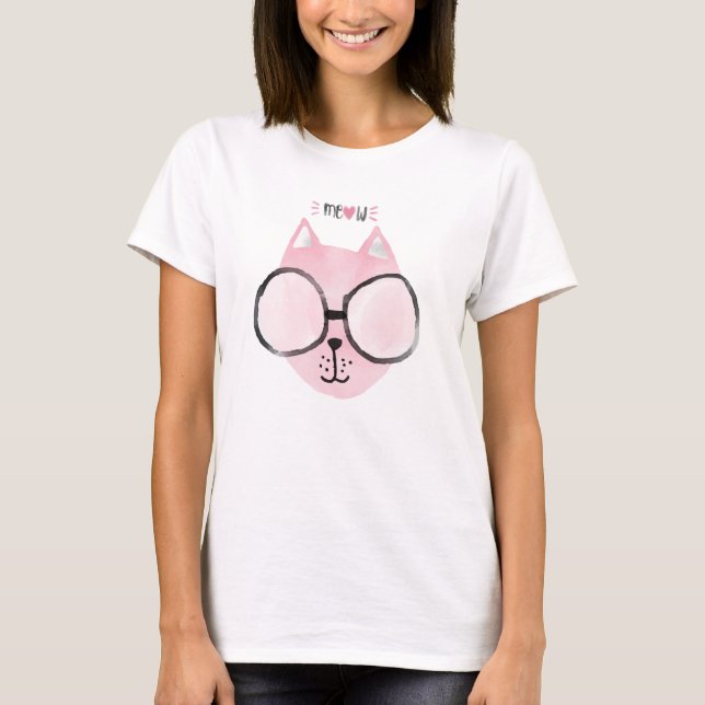 T-shirt Aquarelle rose chat cool Meow (Devant)