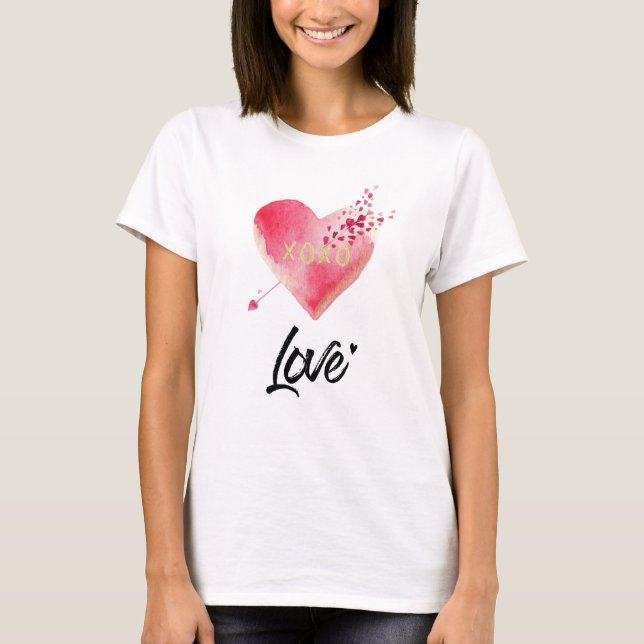 T-shirt *~* Aquarelle Rose Coeur & Flèche Femmes Blanc (Devant)