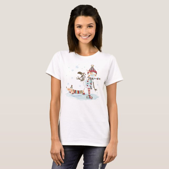 T-shirt Aquarelle Snowman et Dachshund (Devant entier)