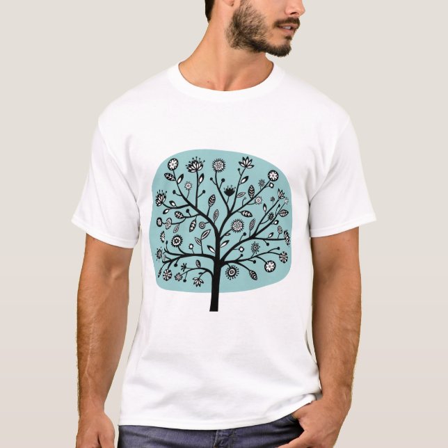 T-shirt Arbre à fleurs stylisé - bleu clair vert (Devant)