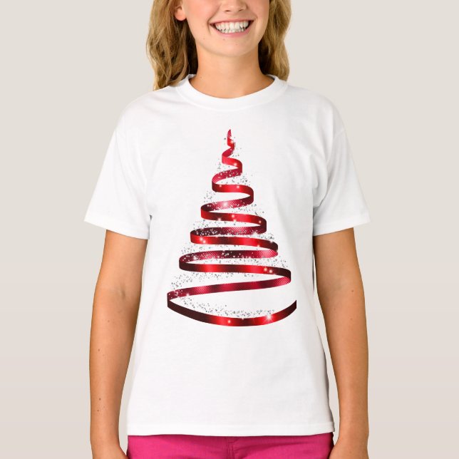 T-shirt Arbre à ruban rouge brillant de Noël (Devant)