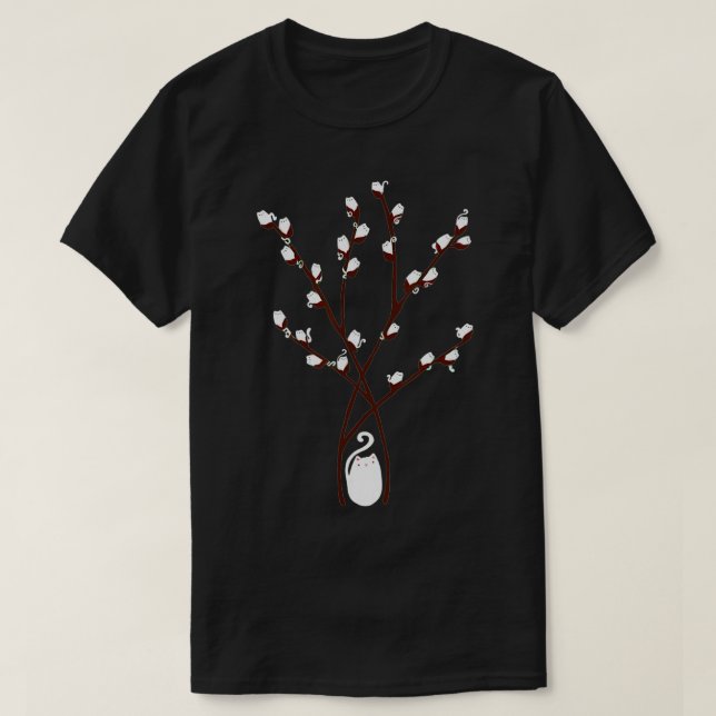 T-shirt arbre chat saule bourgeons fleurs arbre (Design devant)