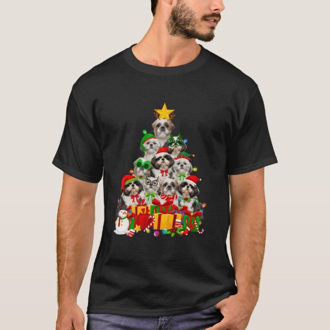T-shirt Arbre de Noël Lumières Shih Tzu Chien Chien Chien  (Devant)