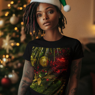 T-shirt Arbre de Noël Rouge & Or Ornements Femmes