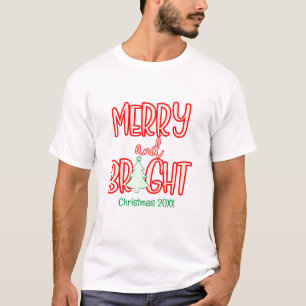 T-shirt Arbre de Noël Rouge Vert Joyeux et Lumineux Fête