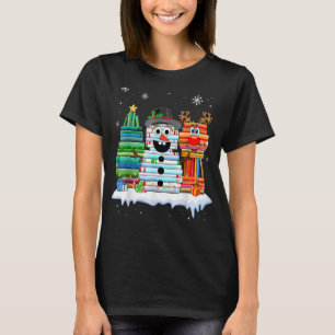 T-shirt Arbre de Noël Snowman Reindeer Livre Stack Librair