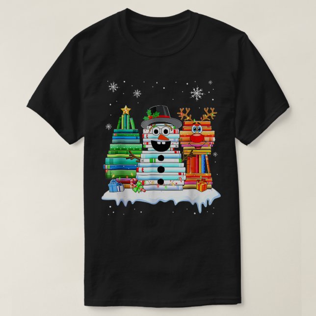 T-shirt Arbre de Noël Snowman Reindeer Livre Stack Tee Pou (Design devant)