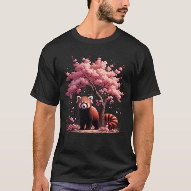 T-shirt Arbres à fleurs de cerisiers rouges panda japonais (Devant)