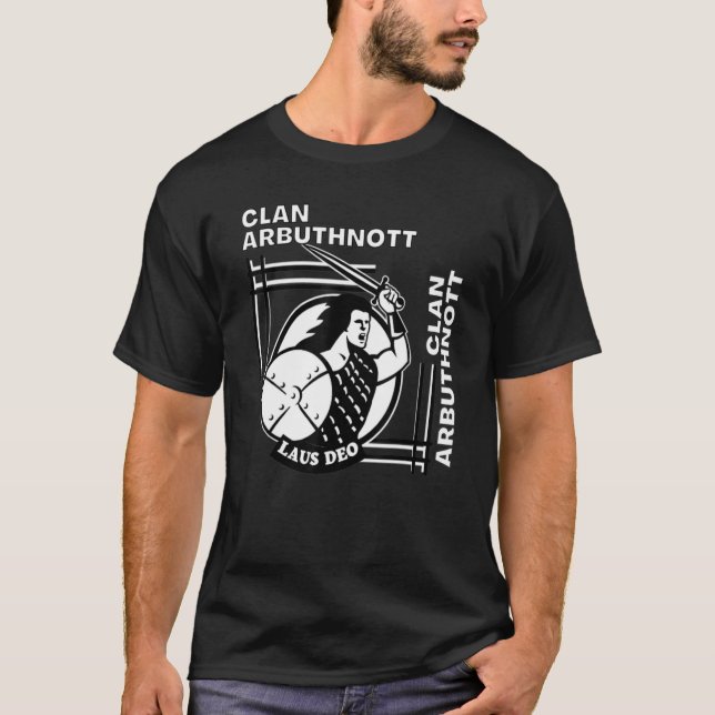 T-shirt Arbuthnott Clan Gaelic Motto Swordsman (Devant)