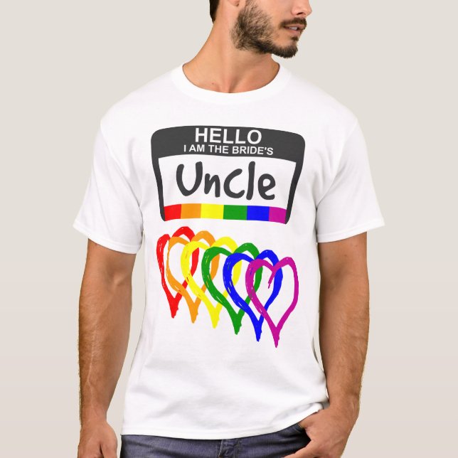 T-shirt Arc-en-ciel Coeurs Mariée Oncle Nom Insigne (Devant)