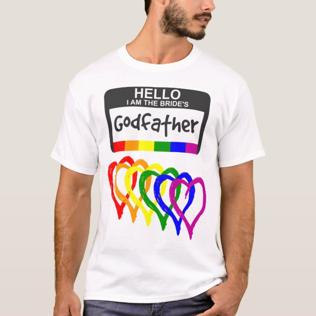 T-shirt Arc-en-ciel Coeurs Mariée Parrain Nom Badge (Devant)