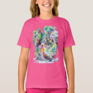 T-shirt Arc-en-ciel fantaisiste Chat Fluffy Aquarelle en H