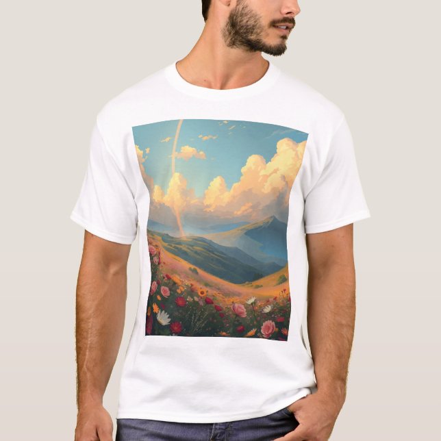 T-shirt Arc-en-ciel sur le champ de fleurs (Devant)