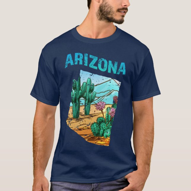 T-shirt Arizona State Map Shape with Cactus Flower Desert  (Devant)