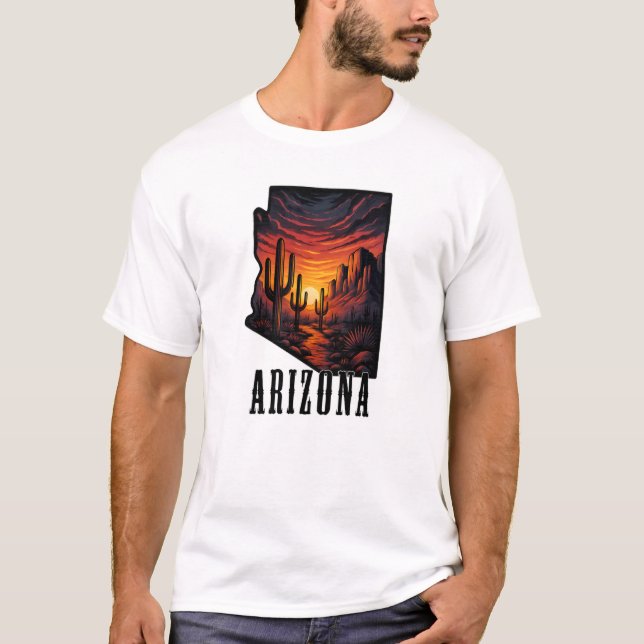 T-shirt Arizona State Tattoo Style Desert Sunset $ Cactus (Devant)