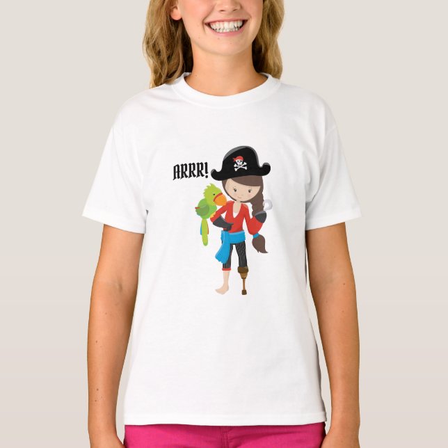 T-shirt ARRR ! Amusants Pirate Girl Green Parrot (Devant)