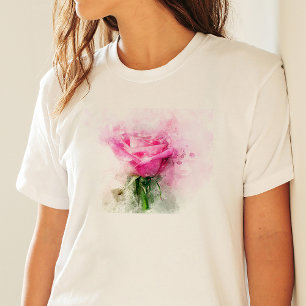 T-shirt Art aquarelle de rose rose sur fond blanc