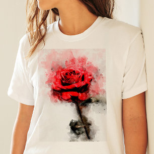T-shirt Art aquarelle de rose rouge sur fond blanc