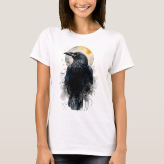 T-shirt Art aquarelle du corbeau mystique | Lune gothique 