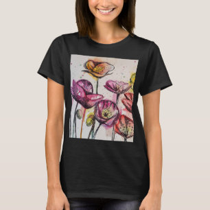 T-shirt art aquarelle florale Coquelicot Rose Violet