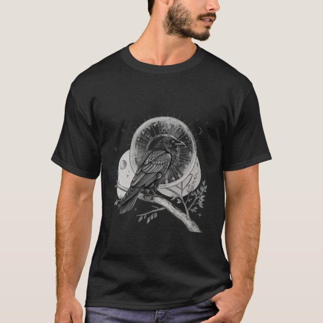 T-shirt Art de géométrie sacrée de lune d'oiseau de corbea (Devant)