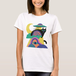 T-shirt Art de lune de chat noir OVNI