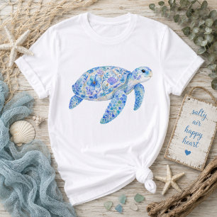 T-shirt Art de poterie de tortue de mer sur le thème flora