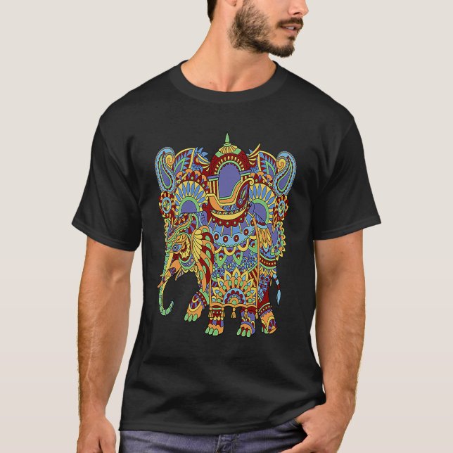 T-shirt Art Deco Elephant Hathi Howda Soft Chakra Rainbow  (Devant)
