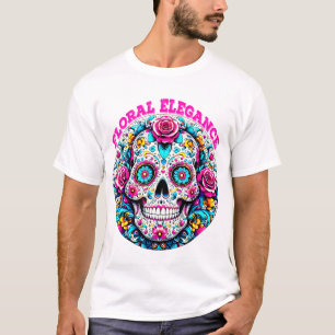 T-shirt Art d'un crâne de sucre avec des motifs floraux d'